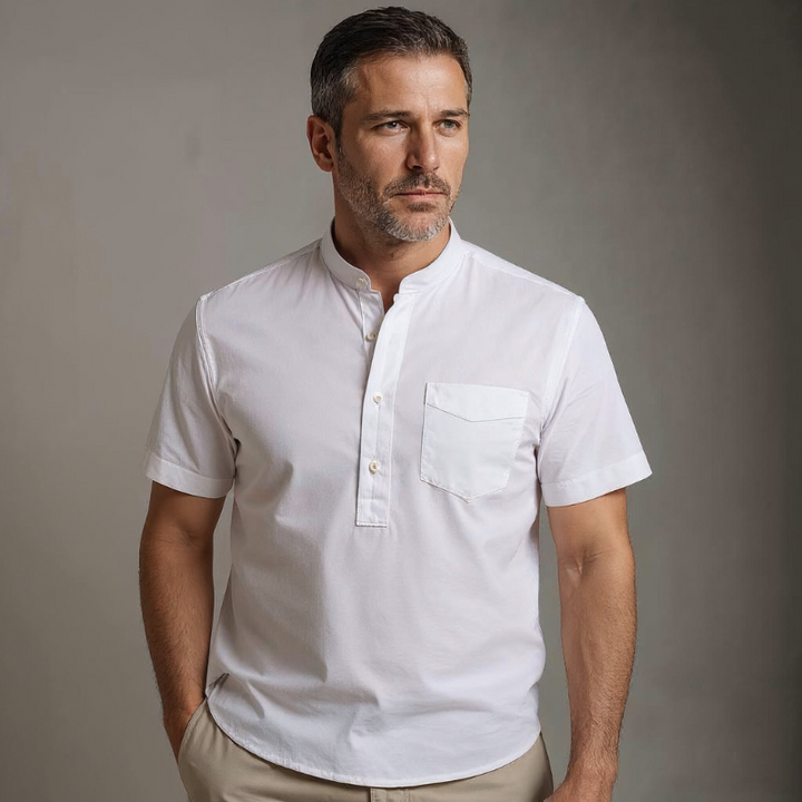 Caspian | Men’s Cotton-Linen Band Collar Popover Shirt